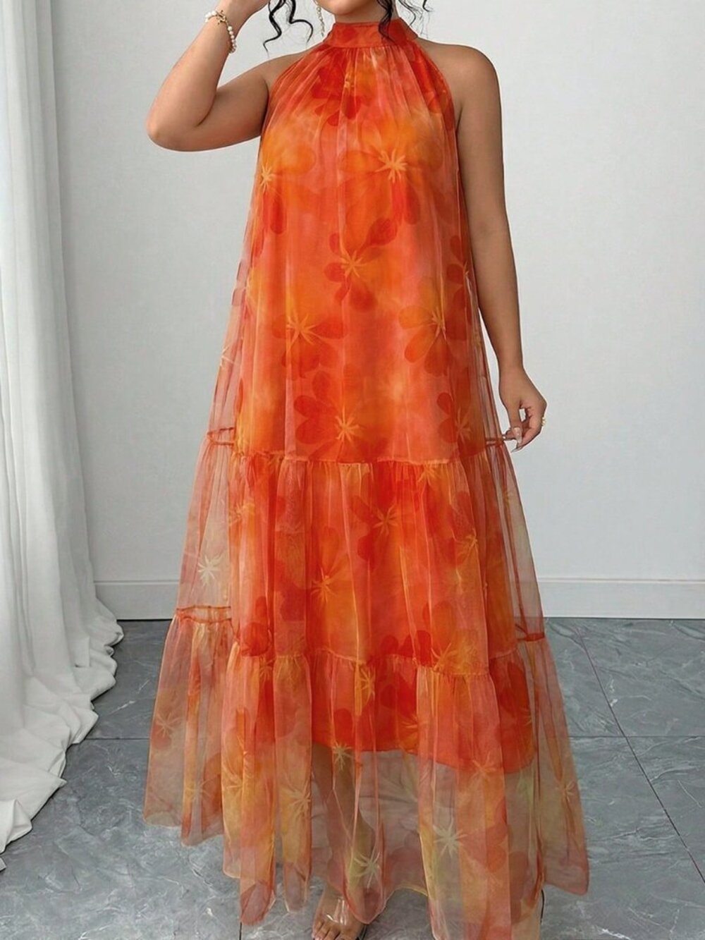 Orange Casual Women's Plus Size Sleeveless Double-Layer Floral Chiffon Dress - Picture 4 of 5